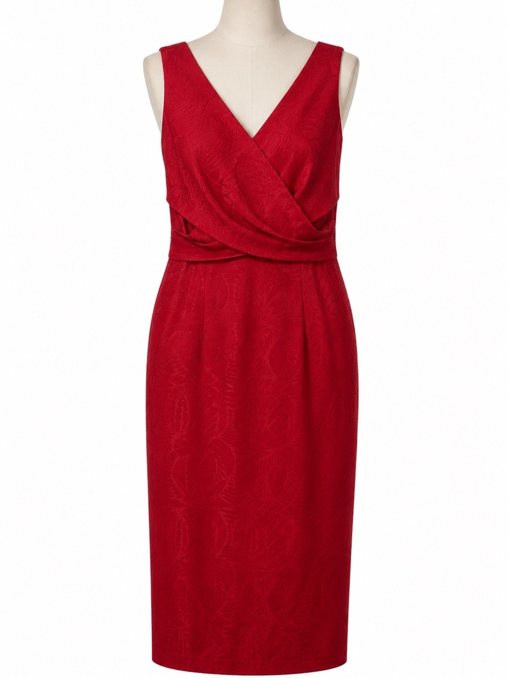 Maggy London Women’s Red V-Neck Faux Wrap Sleeveless Midi Sheath Dress. Size-10